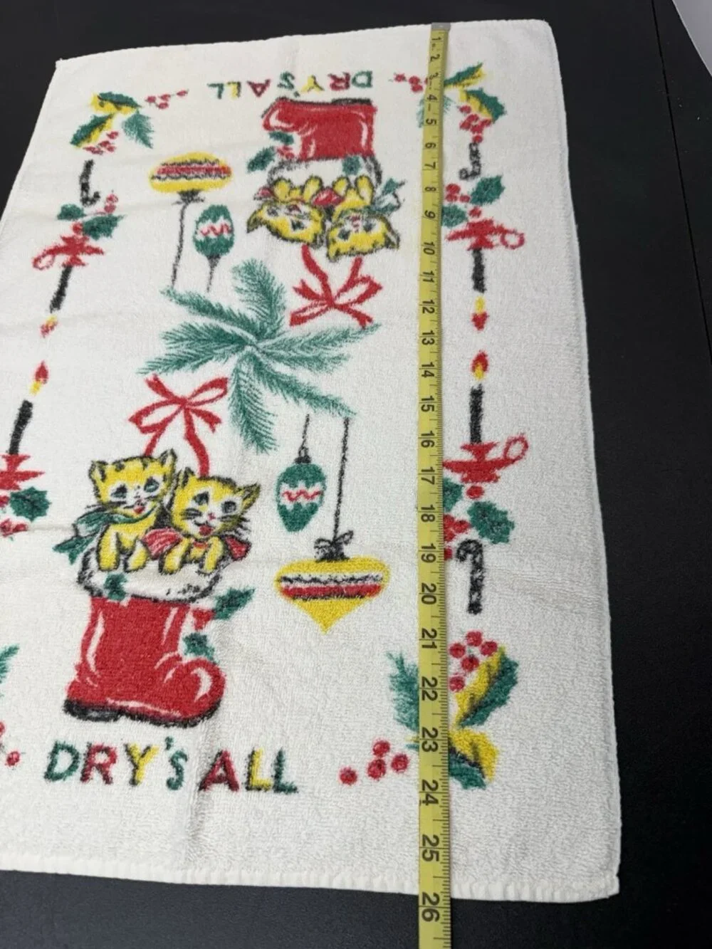 Vintage Retro Cannon Kitchen Towel “Dry’s All” Christmas Cats Kittens In Boot